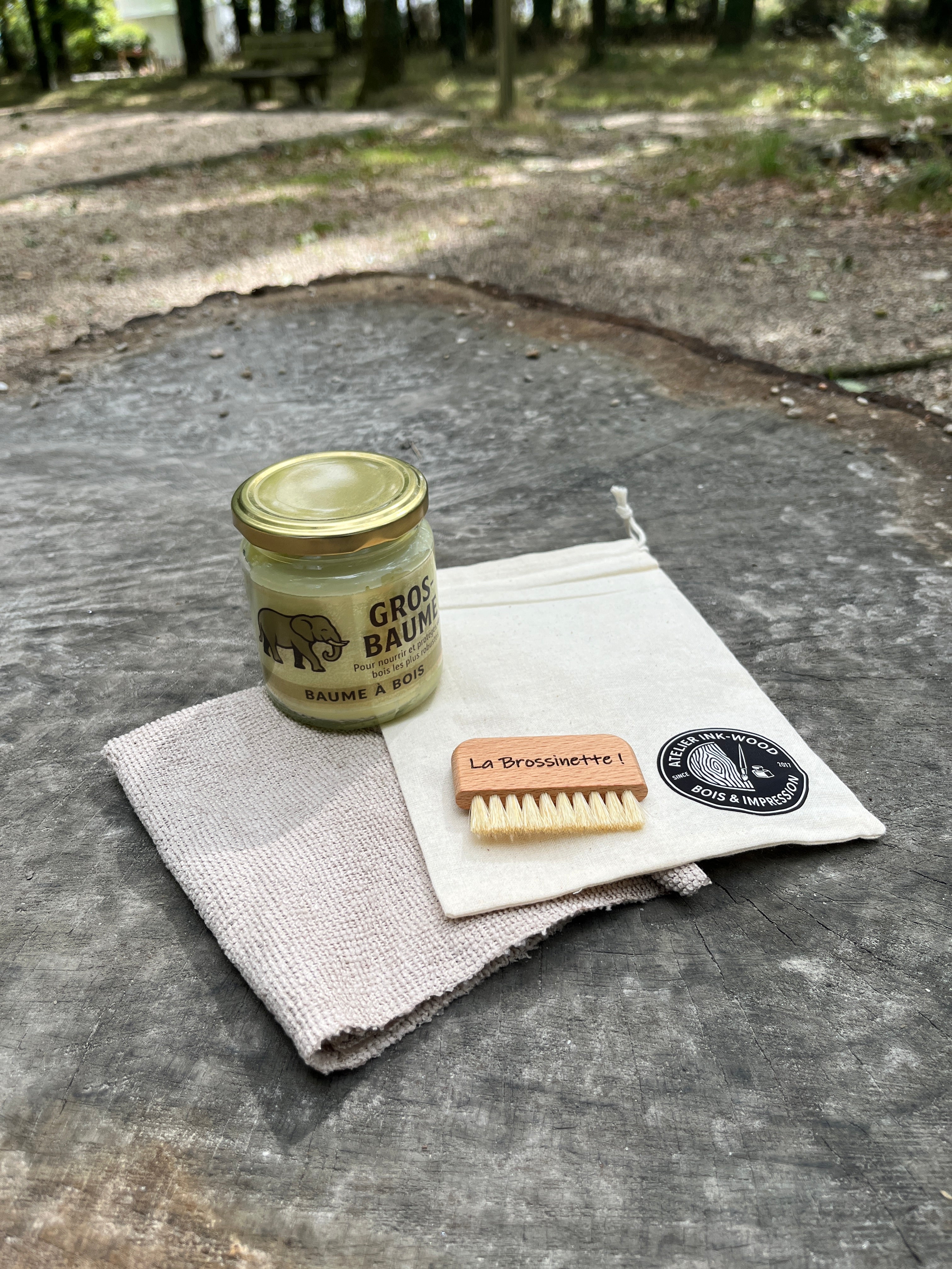 Kit complet entretien bois – Baume, Brossinette & chiffon