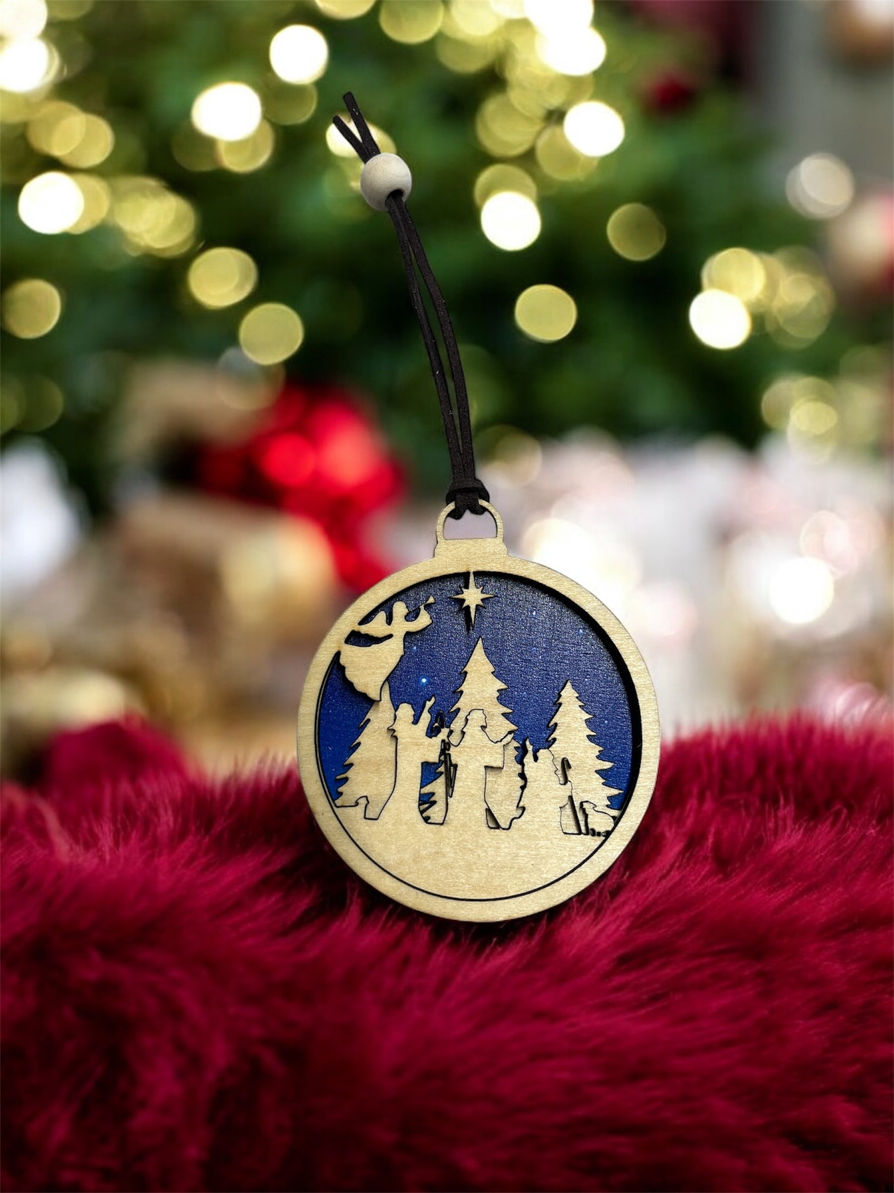 Boule de Noël en Bois – Nativité 3 Couches non peintes+ 1 Fond imprimé– Décoration Artisanale Fête & Tradition